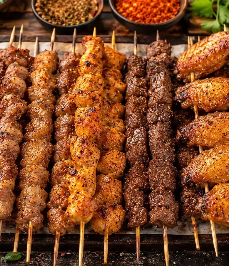 Assorted Chinese BBQ skewers with cumin and chili