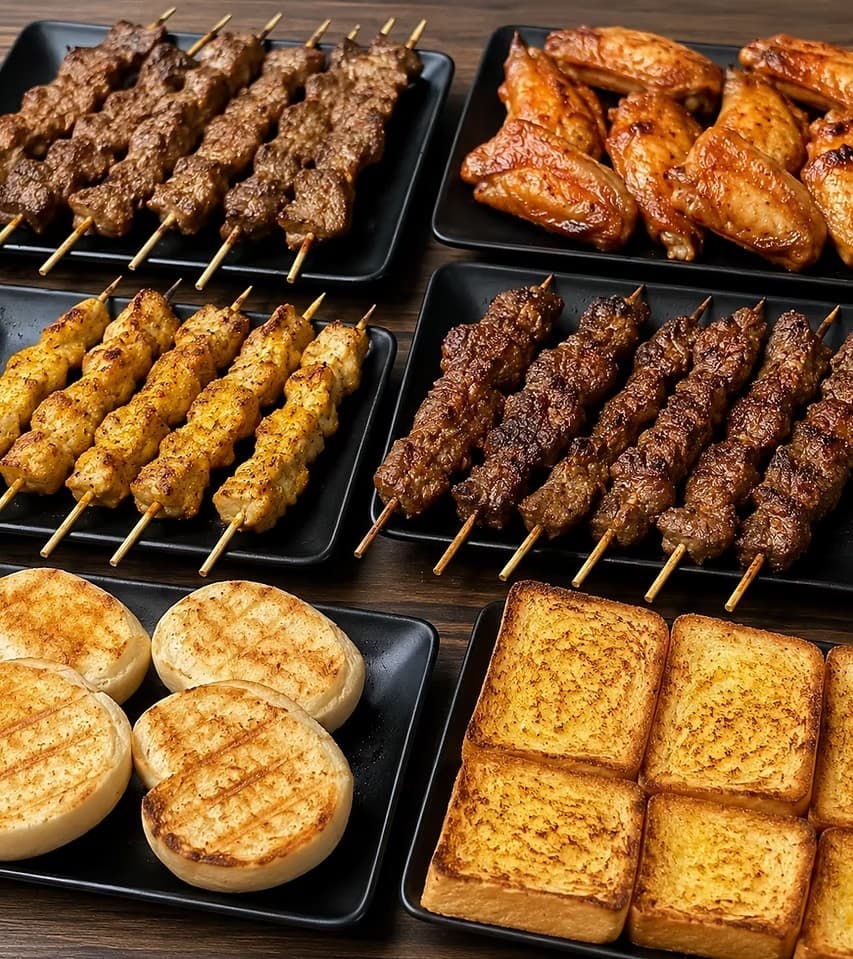 Adult BBQ package: skewers, chicken wings, steamed buns, and grilled toast