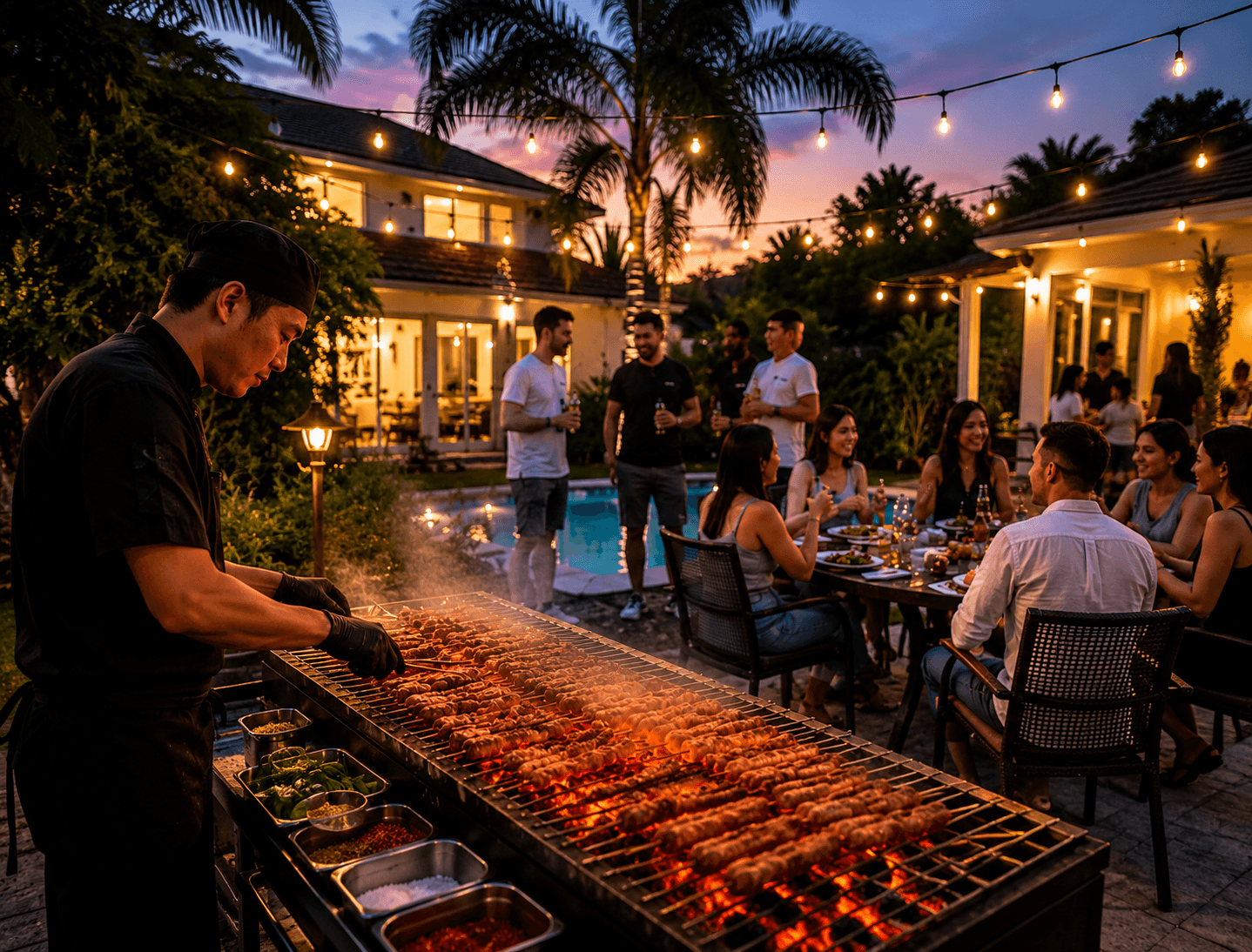 Friends gathered around a backyard table